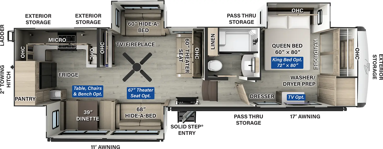 The Rockwood Signature Fifth Wheels R371RK has one entry and three slide outs. Exterior features include: fiberglass exterior and 11' & 13' awning. Interiors features include: rear kitchen and front bedroom.